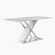 Mesa SIGRID de 180x90 cm en acero inoxidable con tapa de cristal efecto mármol, diseño moderno y elegante ideal para comedor o salón.